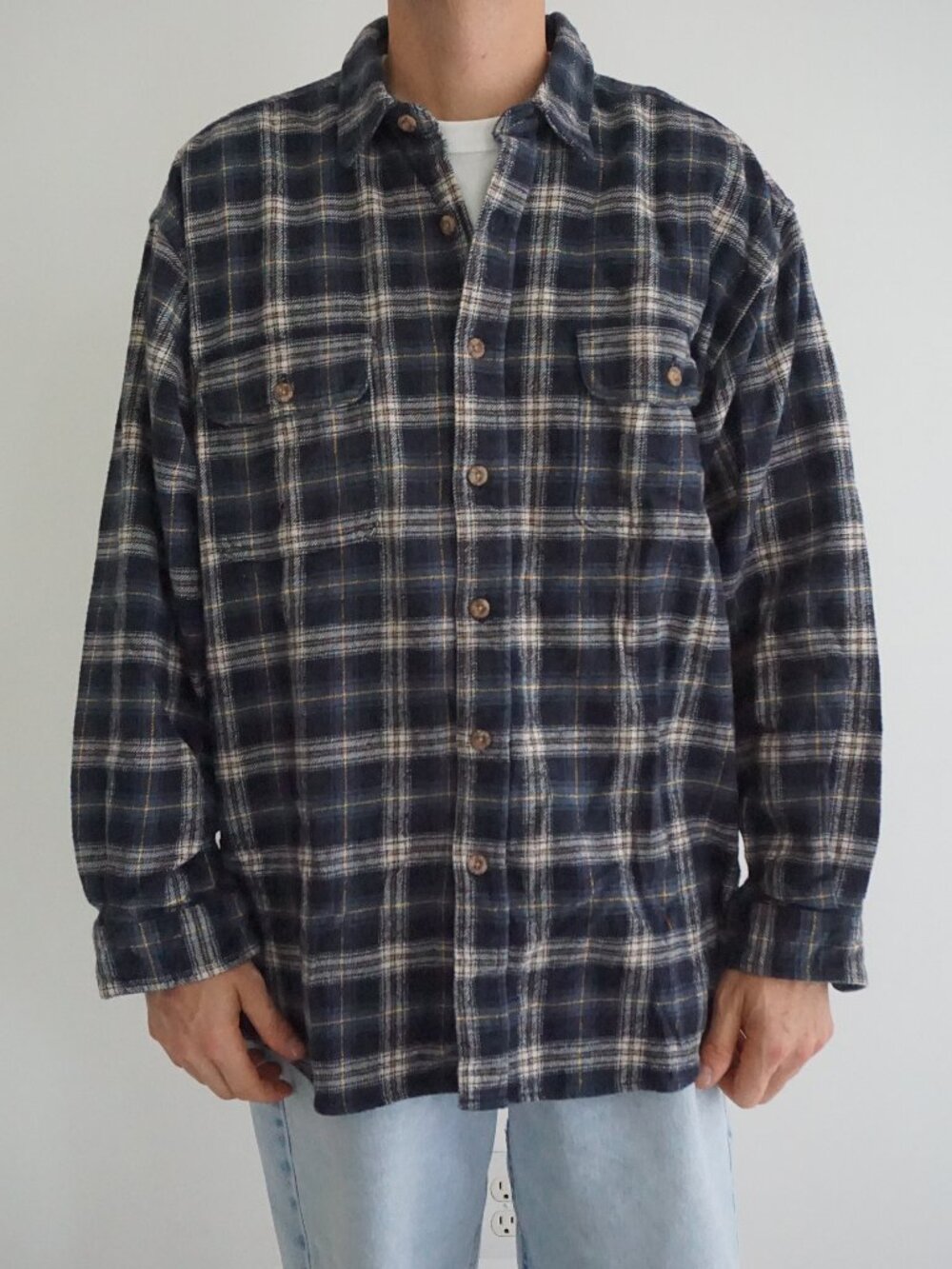 Vintage Field & Stream Navy White Gold Plaid Outdoor Hunting Workwear Flannel XL